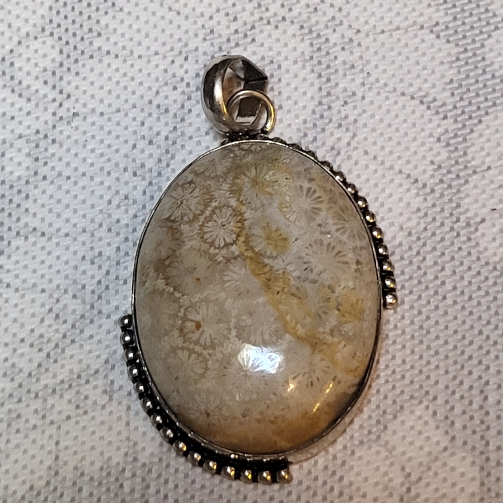 Unique Fossilized Coral Handmade 925 Sterling Silver Oval Pendant